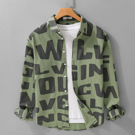 Herren Baumwoll-Overshirt mit Allover-Lettering-Print, Relaxed-Fit und Kentkragen Nord Taschen