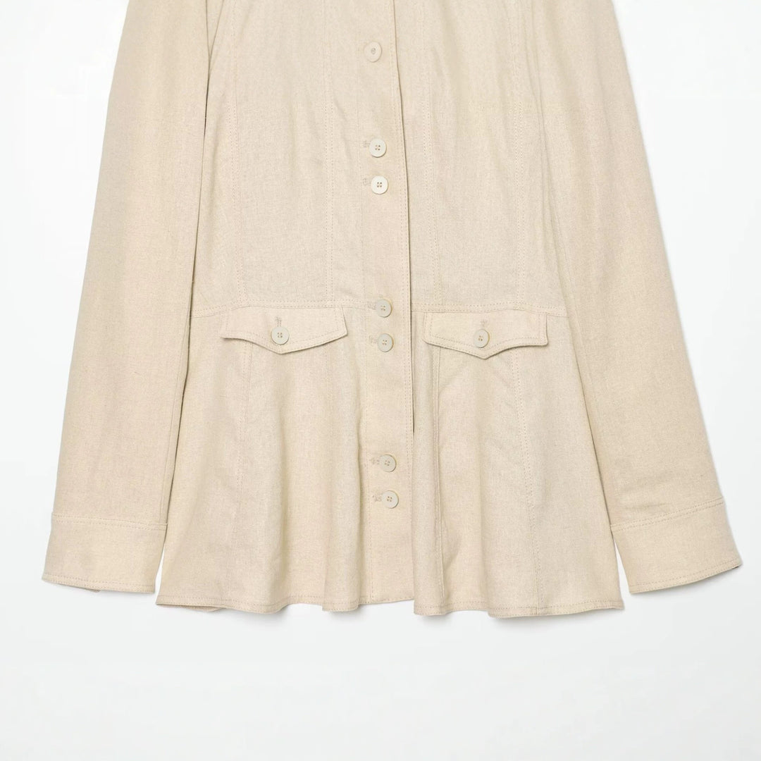 Damen Leichte Leinenoptik Hemdjacke mit Stehkragen, Knopfleiste und ausgestelltem Saum Nord Taschen