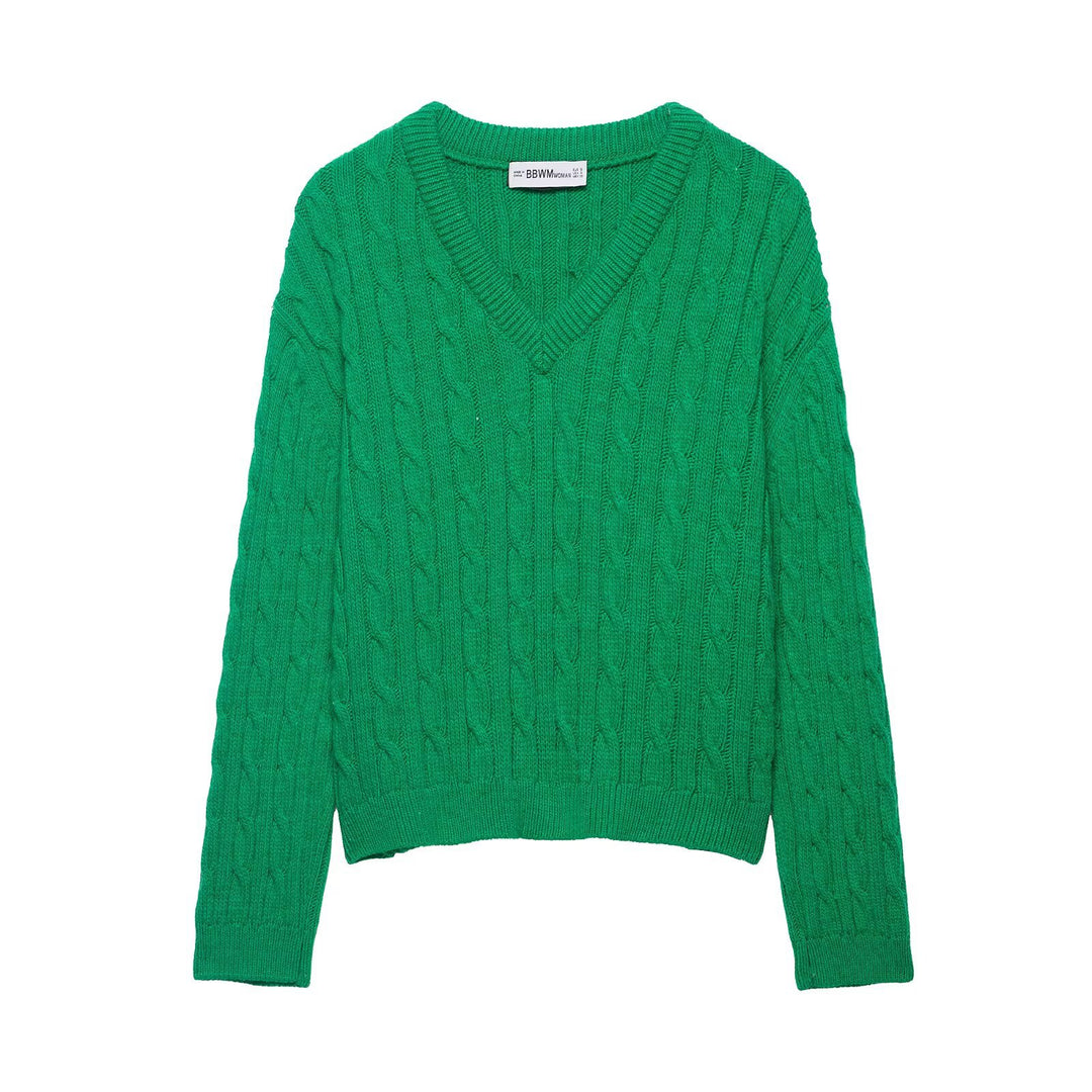 Damen Grobgestrickter V‑Ausschnitt Zopfstrickpullover mit Rippbündchen Nord Taschen