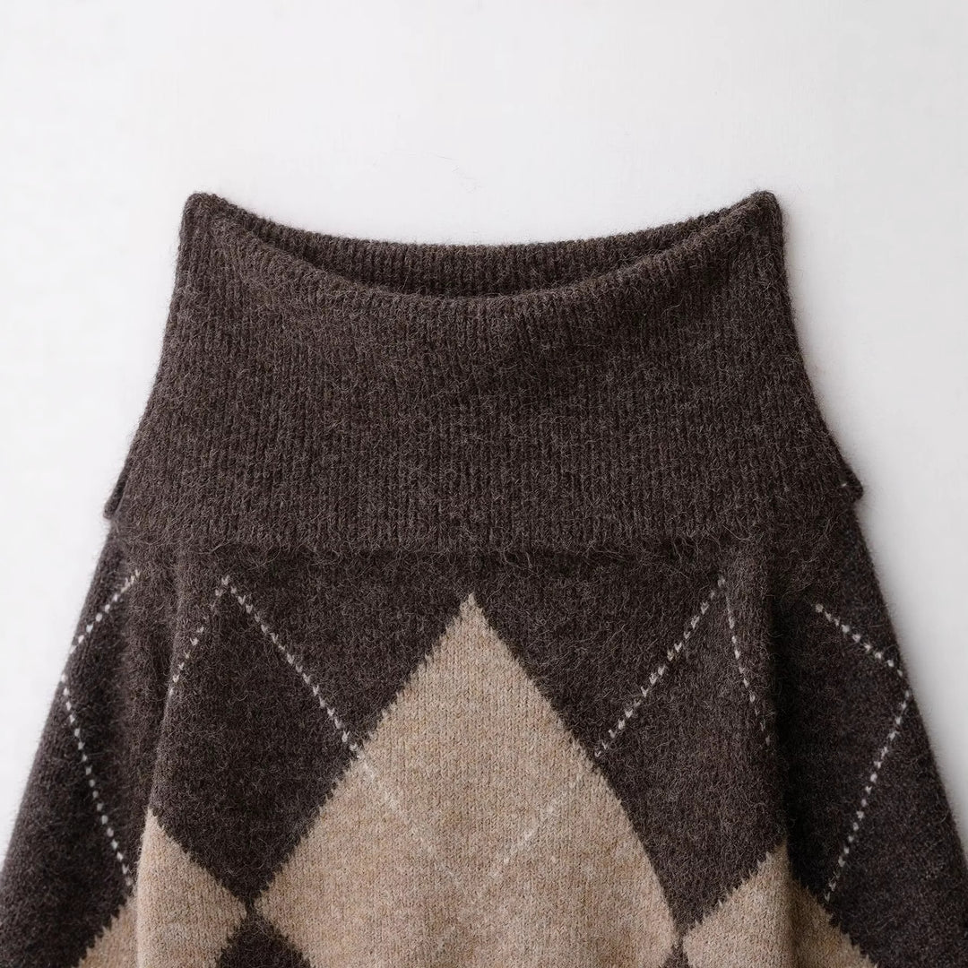 Damen Oversized Strickpullover mit Rollkragen und Rautenmuster Nord Taschen