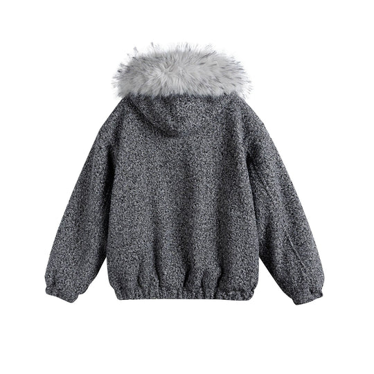 Damen Bouclé-Blousonjacke mit voluminösem Faux-Fur-Kragen und Thermofutter Nord Taschen
