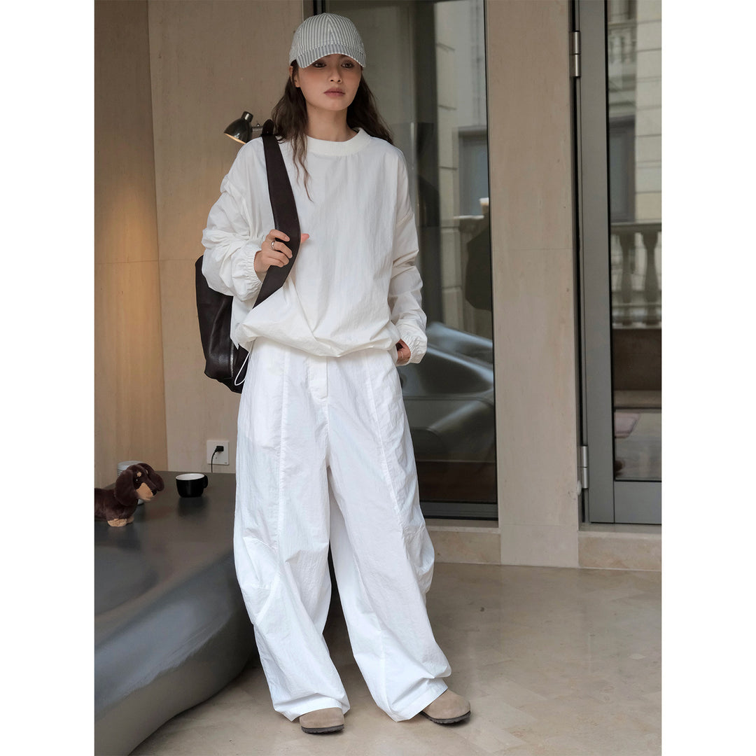 Damen Weites Baumwoll-Sweatshirt mit Ballonärmeln und geripptem Rundhalsausschnitt Nord Taschen