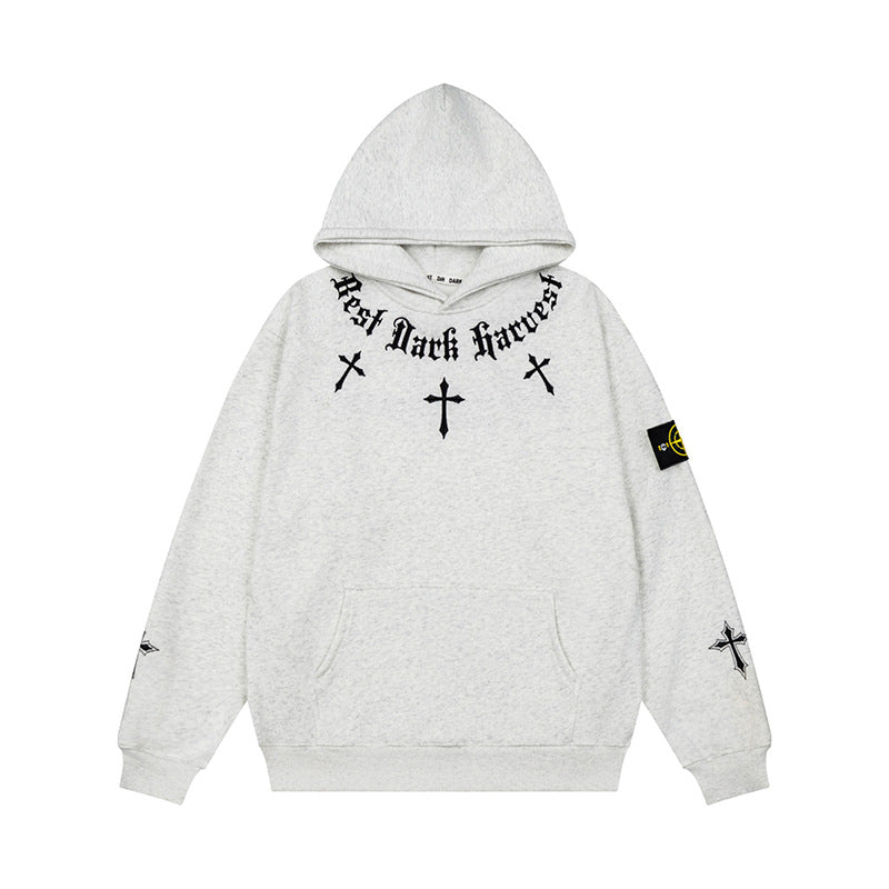 Unisex Oversize Kapuzenpullover mit Gothic-Kreuz-Print, Kängurutasche und Rippbündchen Nord Taschen