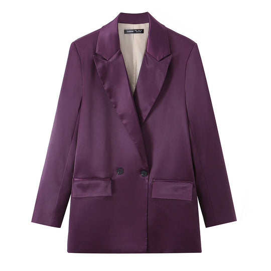 Damen Satin-Longblazer mit doppelreihiger Knopfleiste, Schalkragen und Pattentaschen Nord Taschen