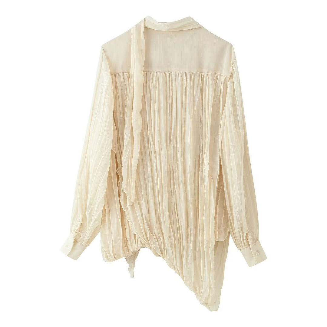 Damen Plissierte Chiffon‑Bluse mit Schleifenkragen und geraffter Saumlinie Nord Taschen