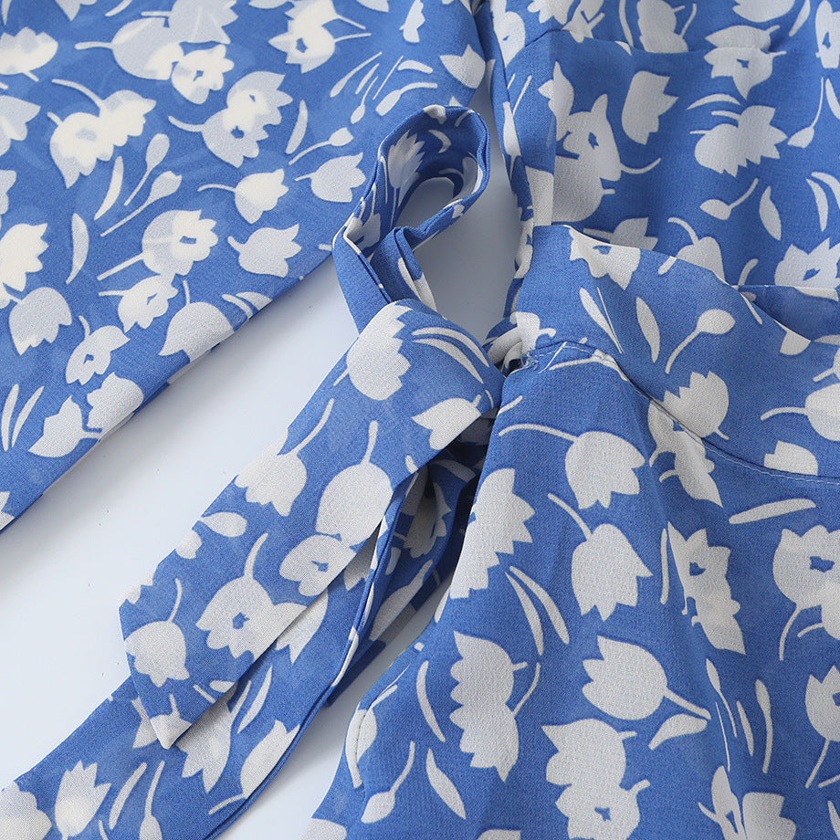 Damen Florales Chiffon-Wickelkleid mit Schultervolants und Taillengürtel Nord Taschen