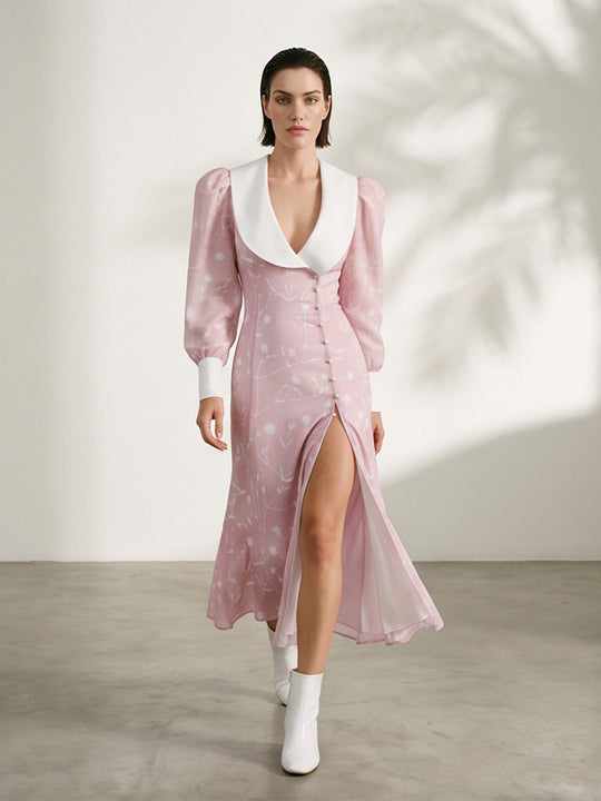 Damen Midikleid mit tiefem Schalkragen, Puffärmeln und seitlichem Schlitz Nord Taschen