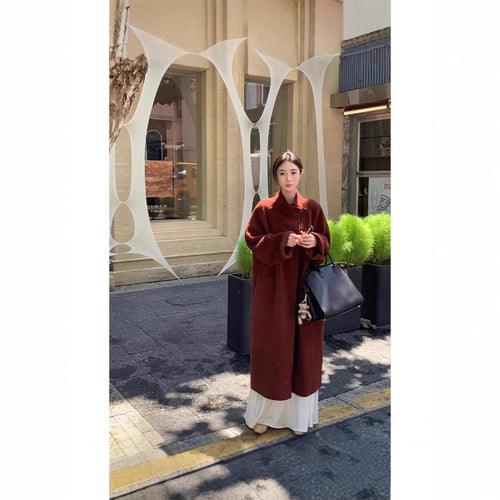 Damen Oversized Wollmantel mit Stehkragen und Ein-Knopf-Verschluss Nord Taschen