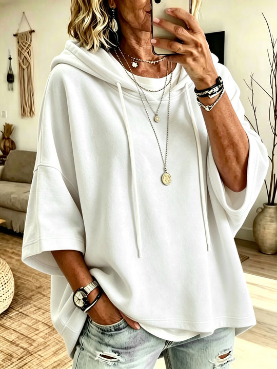 Damen Kurzarm-Oversize-Hoodie mit Kapuze und Kontrastkordel Nord Taschen