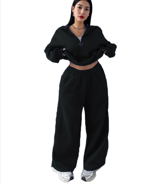 Damen Cropped Oversize-Sweatshirt mit halbem Reißverschluss und weite High-Waist Jogginghose Set Nord Taschen