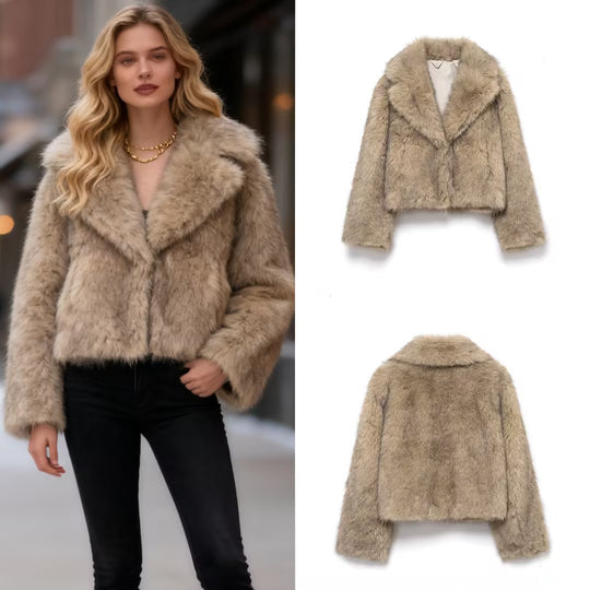 Damen Kurz geschnittener Faux-Fur-Mantel mit weitem Reverskragen Nord Taschen