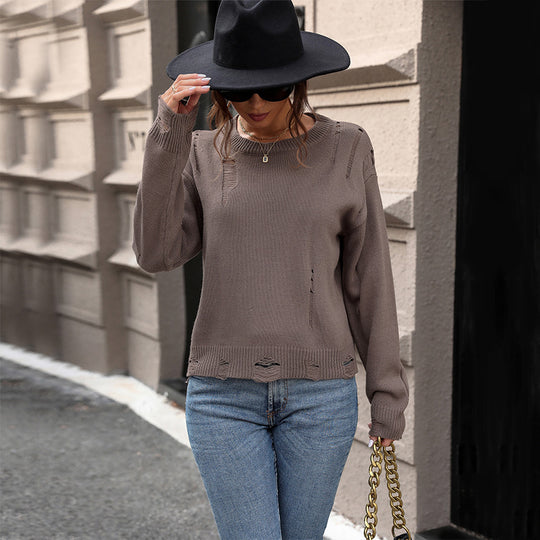 Damen Oversize Strickpullover im Destroyed‑Look mit rundem Halsausschnitt Nord Taschen