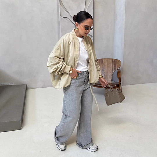 Damen Oversize Bomberjacke mit Tunnelzug, gerippten Bündchen und leichtem Nylon-Finish Nord Taschen