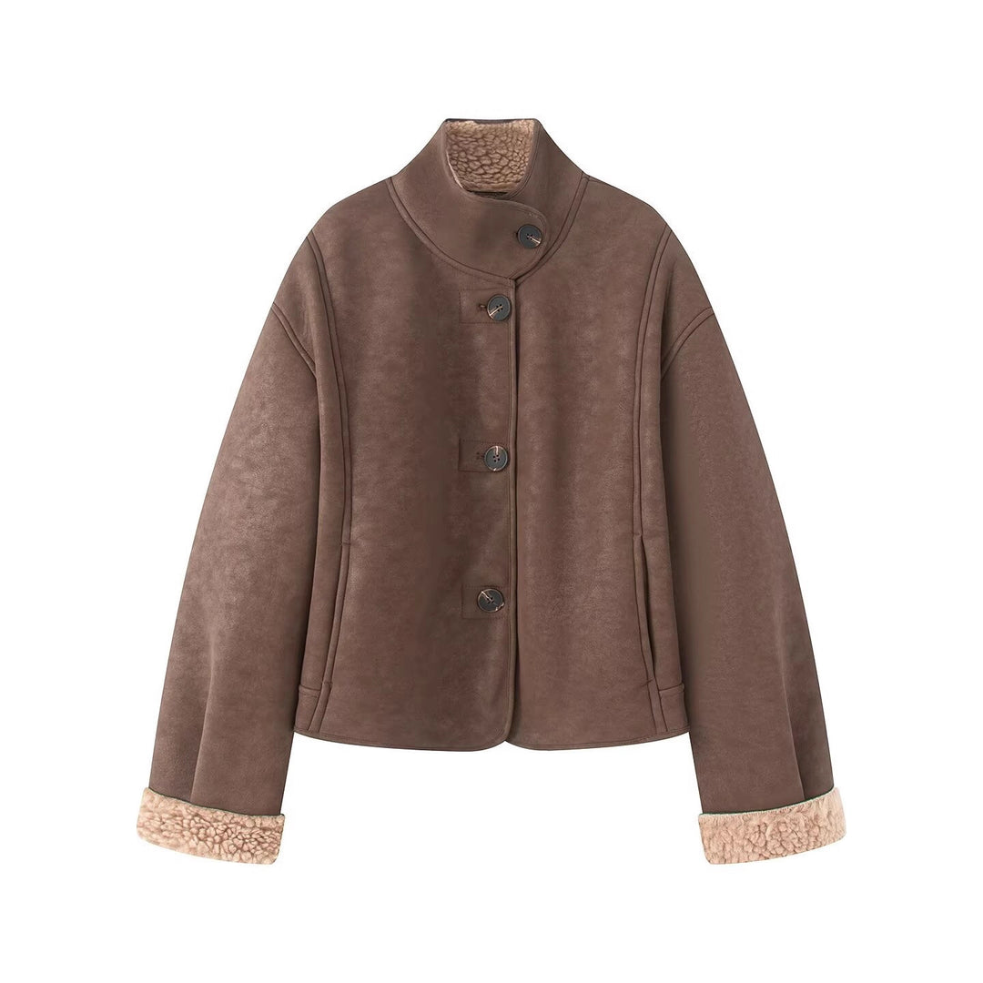 Damen Kurz geschnittene Kunstlammfelljacke mit Stehkragen, Knopfverschluss und umschlagbaren Faux-Fur-Manschetten Nord Taschen