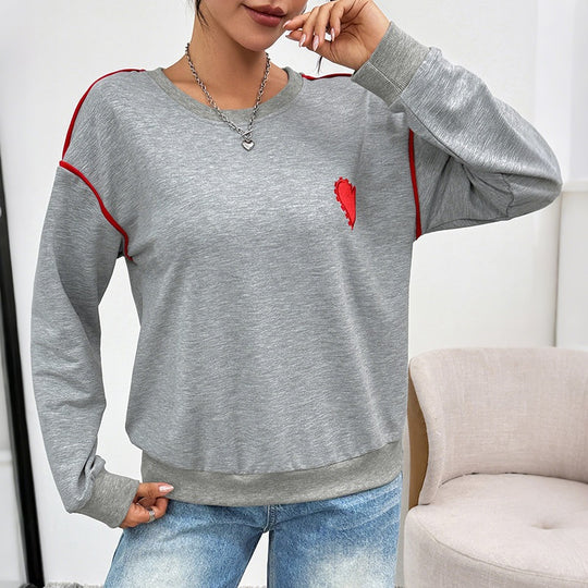 Damen Oversize-Sweatshirt mit Stickherz, Kontrastpaspeln und geripptem Saum Nord Taschen