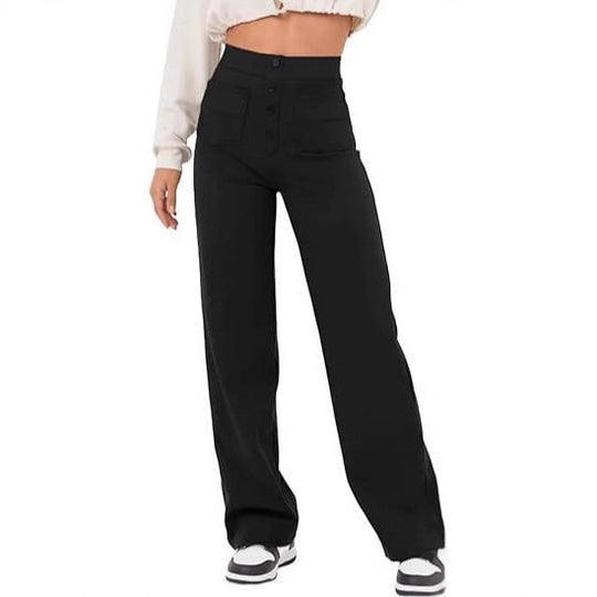 Damen Hochtaillierte weite Hose mit Knopfleiste und aufgesetzten Taschen Nord Taschen