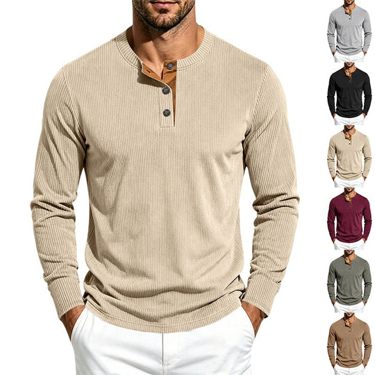 Herren Langärmeliges Rippstrick-Henley-Shirt mit Knopfleiste und Rundhalskragen Nord Taschen