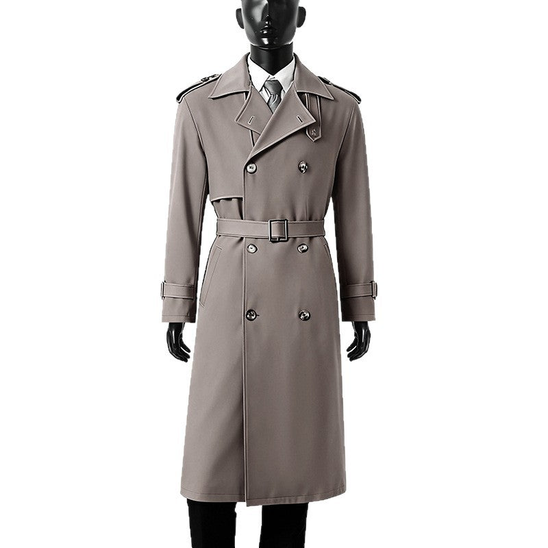 Herren Knielanger doppelreihiger Trenchcoat mit Epauletten, Sturmklappe und Manschettenriegel Nord Taschen