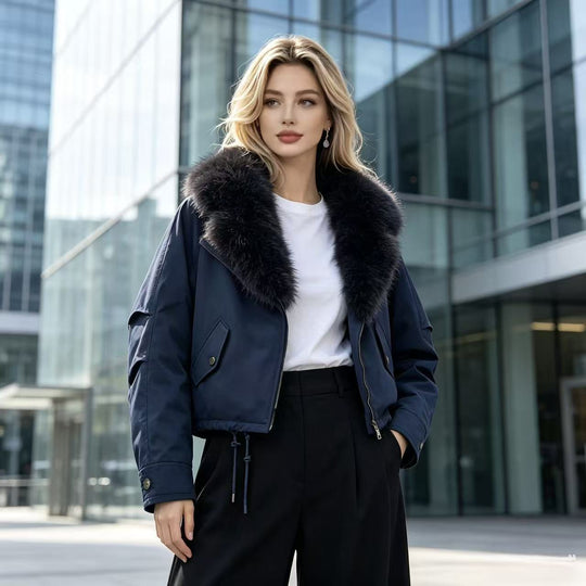 Damen nan kurze Bomberjacke mit voluminösem Kunstfellkragen, Kordelzugsaum und Pattentaschen Nord Taschen