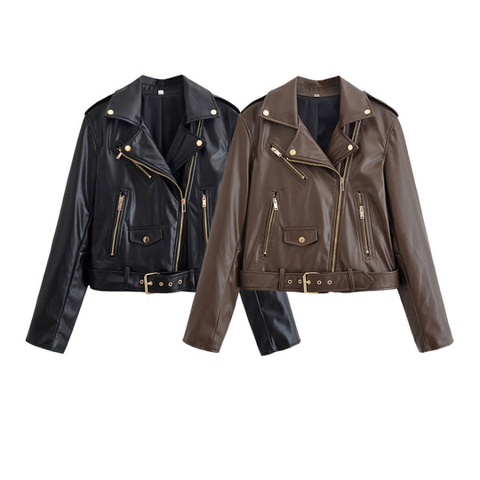 Damen Bikerjacke aus Lederimitat mit asymmetrischem Reißverschluss, Taillengürtel und goldfarbenen Details Nord Taschen