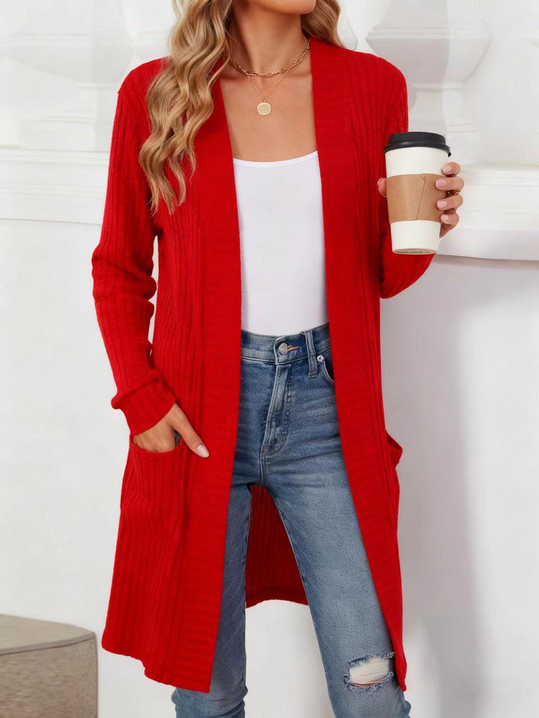 Damen Eleganter Strickcardigan mit offenen Front Nord Taschen