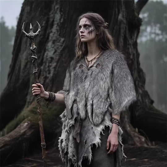 Damen Wikinger‑inspiriertes Faux‑Fur‑Cape mit rustikaler Fransenoptik und Schulterüberwurf Nord Taschen