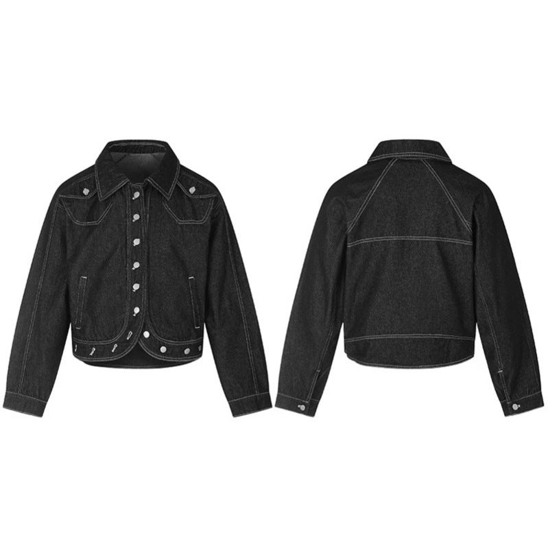 Damen Cropped Denim-Jacke im Western‑Look mit Kontrastnähten und Metall-Druckknöpfen Nord Taschen
