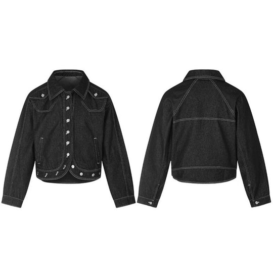 Damen Cropped Denim-Jacke im Western‑Look mit Kontrastnähten und Metall-Druckknöpfen Nord Taschen