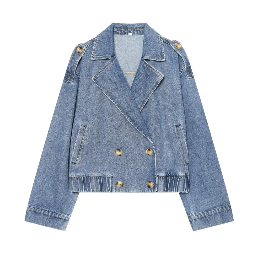 Damen kurze Double-Breasted Jeansjacke mit Überschlagkragen, Schulterklappen und gesmoktem Saum Nord Taschen