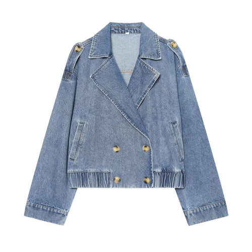 Damen kurze Double-Breasted Jeansjacke mit Überschlagkragen, Schulterklappen und gesmoktem Saum Nord Taschen