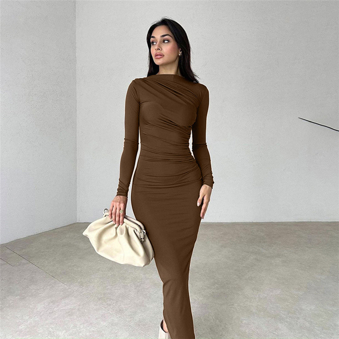 Damen figurbetontes Maxikleid mit hohem Kragen und seitlicher Raffung Nord Taschen