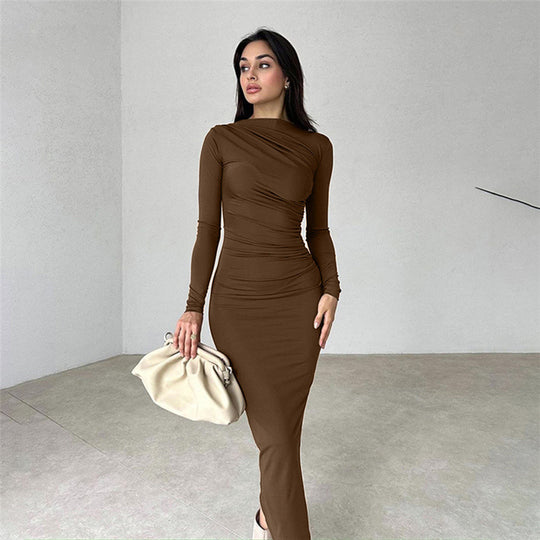 Damen figurbetontes Maxikleid mit hohem Kragen und seitlicher Raffung Nord Taschen