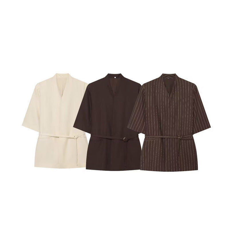 Damen Kimono-Top mit V-Ausschnitt, tailliertem Bindegürtel und halblangen Ärmeln Nord Taschen