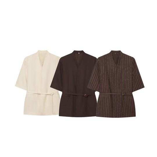 Damen Kimono-Top mit V-Ausschnitt, tailliertem Bindegürtel und halblangen Ärmeln Nord Taschen