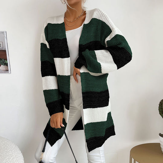 Damen Lässiger Strickmantel mit Streifen Nord Taschen