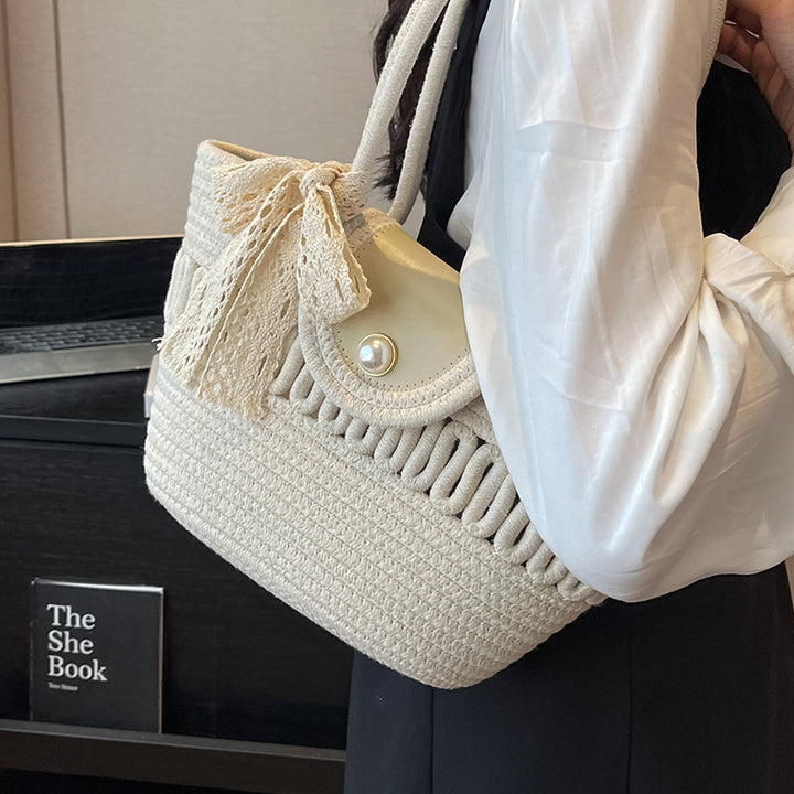 Damen Einkaufstasche mit geflochtenem Design und dekorativem Spitzenband Nord Taschen
