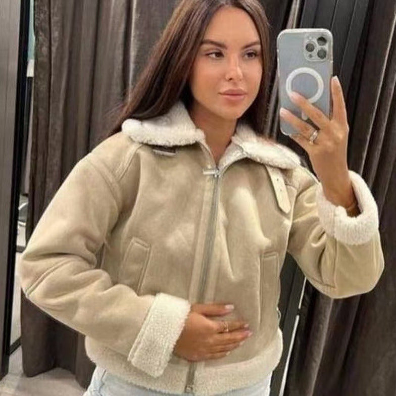 Damen Hochgeschnittene Pilotjacke aus veganer Lederoptik mit Teddyfutter und Reißverschluss Nord Taschen