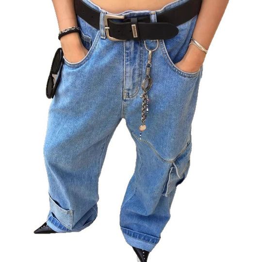Damen Extraweite Baggy-Jeans mit Cargo-Patches und tiefem Bund Nord Taschen