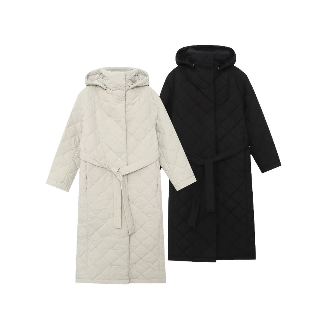 Damen Steppmantel mit Kapuze, Taillengürtel und Rautensteppung Nord Taschen