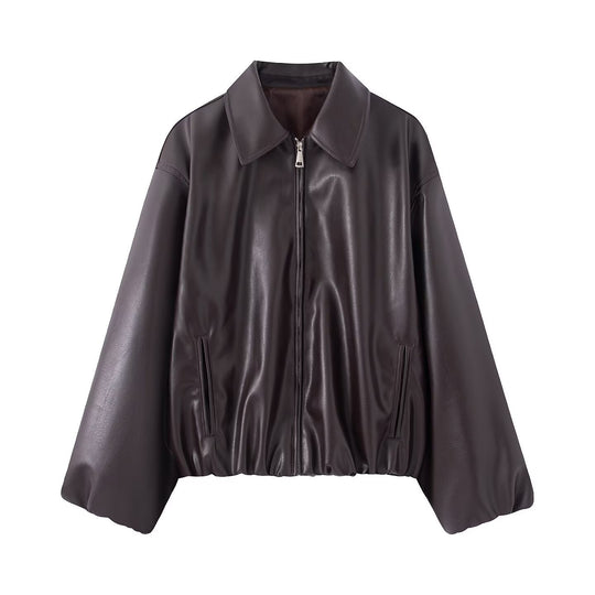 Damen Oversized Kunstleder-Blousonjacke mit Kragen, Reißverschluss und elastischem Saum Nord Taschen