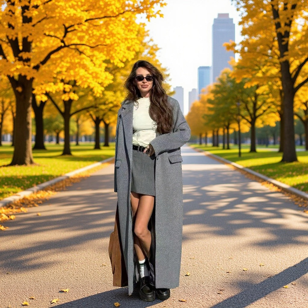 Damen Longline-Wollmantel mit Oversize-Schnitt, Reverskragen und seitlichen Schlitzen Nord Taschen