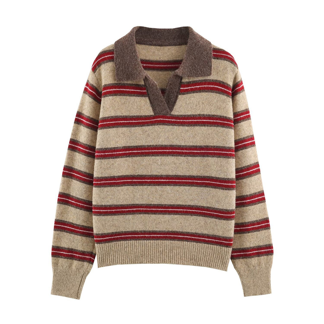 Damen Gestreifter Oversize-Pullover mit Polokragen und V-Ausschnitt Nord Taschen