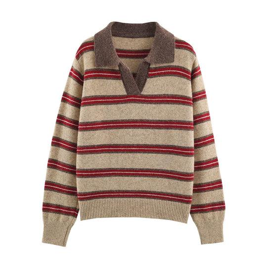 Damen Gestreifter Oversize-Pullover mit Polokragen und V-Ausschnitt Nord Taschen