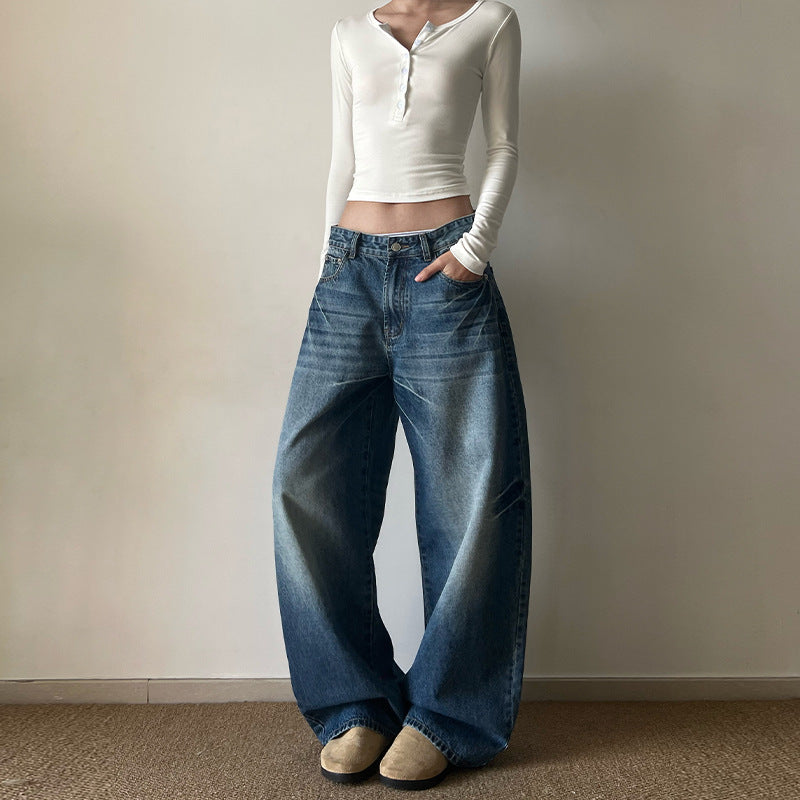 Damen Ultraweite Vintage-Denim Marlene-Jeans mit soften Used-Falten und bodenlangem Saum Nord Taschen