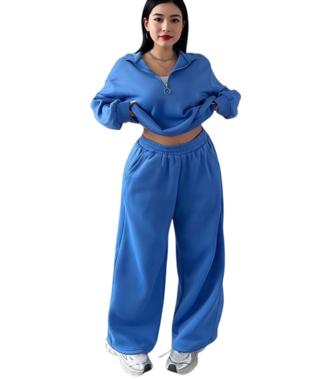 Damen Cropped Oversize-Sweatshirt mit halbem Reißverschluss und weite High-Waist Jogginghose Set Nord Taschen