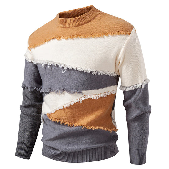 Herren Colorblock-Strickpullover mit Fransenbesatz und kurzem Stehkragen Nord Taschen