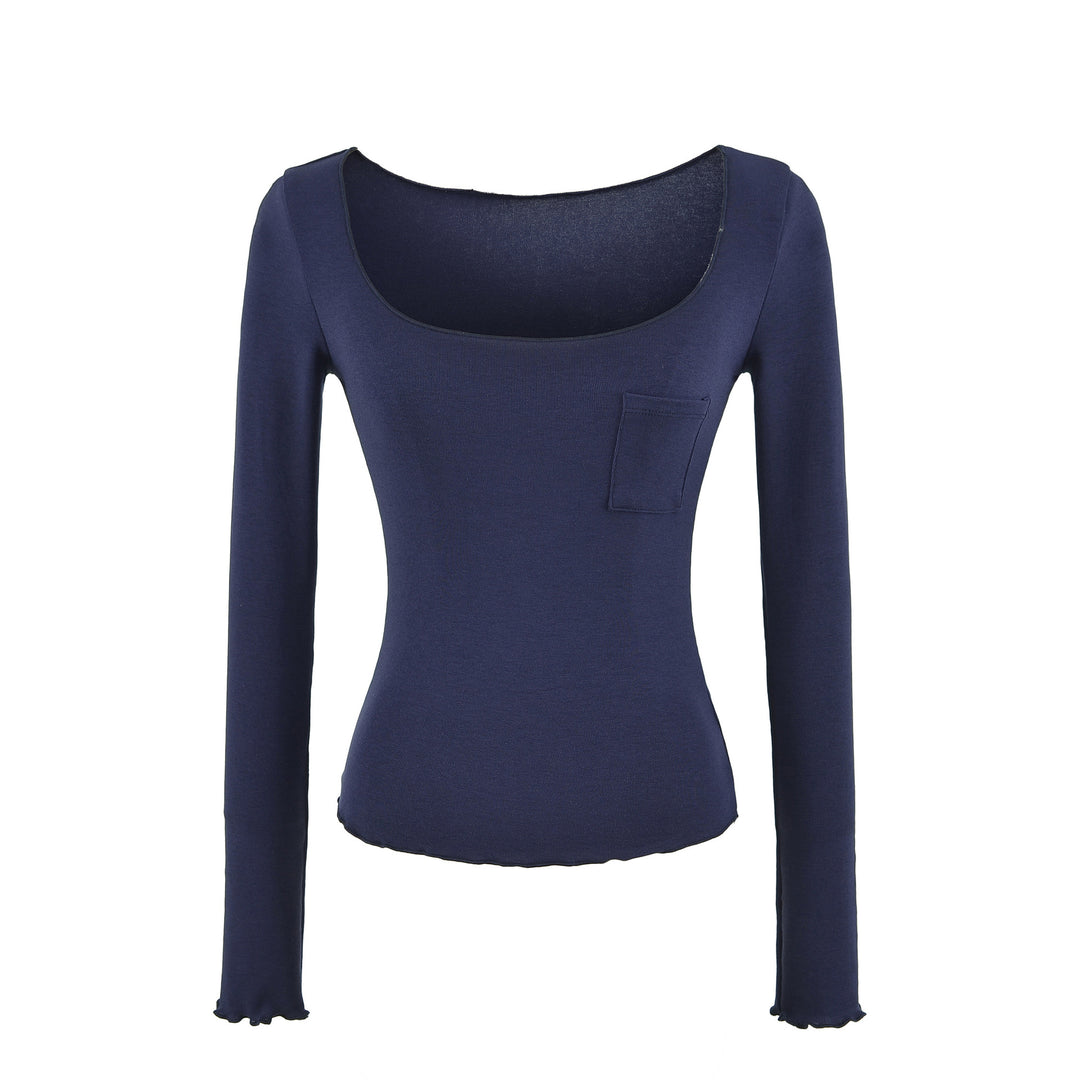 Damen Figurbetontes geripptes Langarmshirt mit weitem Quadrat-Ausschnitt und Brusttasche Nord Taschen