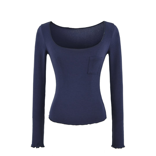 Damen Figurbetontes geripptes Langarmshirt mit weitem Quadrat-Ausschnitt und Brusttasche Nord Taschen