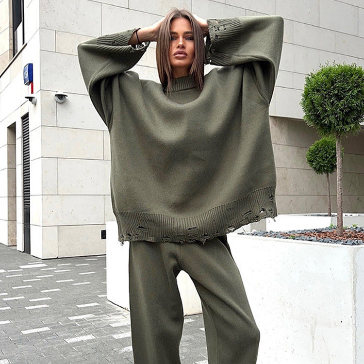 Damen Oversize-Strickset aus Feinstrick mit Destroyed-Saum, weitem Pullover und legerer Schlupfhose Nord Taschen