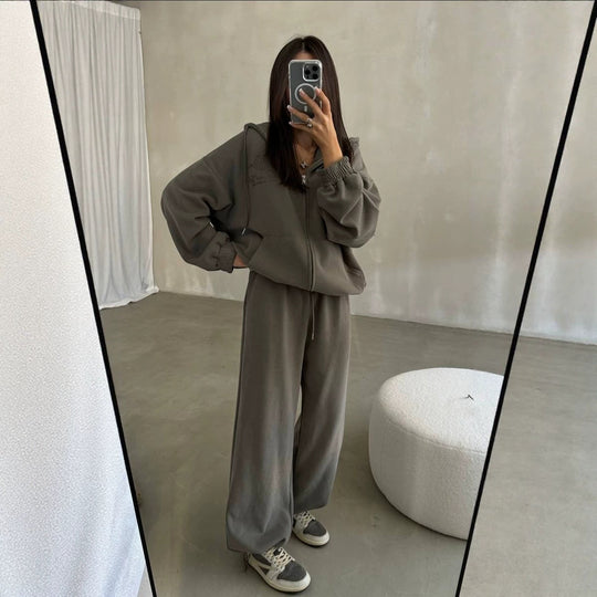 Damen Weiches Oversize-Kapuzen-Sweatjacken-Set mit weiter Jogginghose Nord Taschen